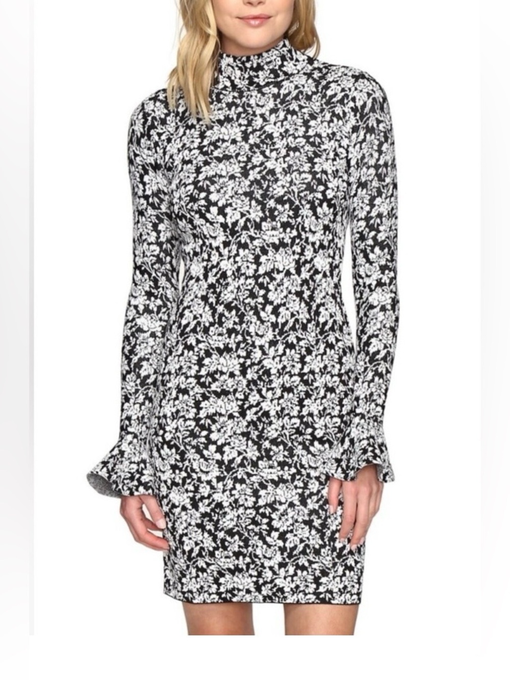 Michael Kors Black and White Floral Long Sleeve Bodycon Dress Size XXS